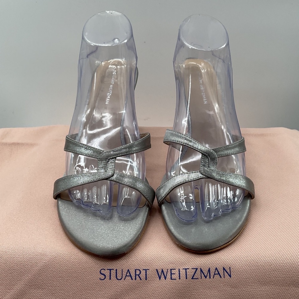 Stuart Weitzman Silver Metallic Leather Strappy Slide Sandals Mules High Heel
